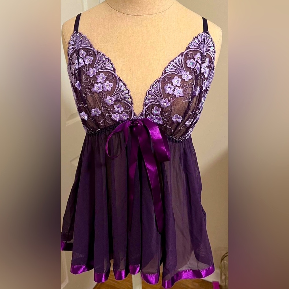 Y2K Risqué Purple Butterfly Lace Babydoll Gown Dress Sequin Size one size - Picture 2 of 9